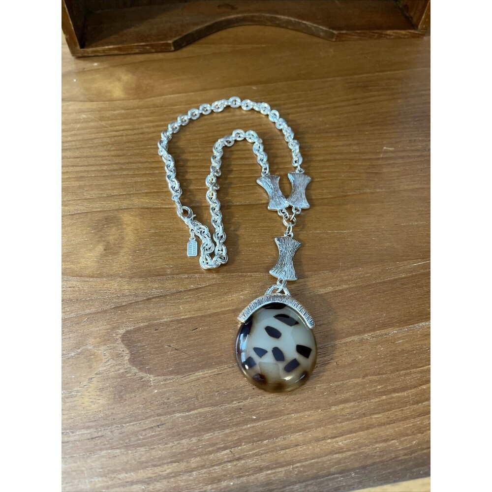 Vintage Rare Diahann Carroll Silver Tone Necklace W Animal Print Pendant 18"